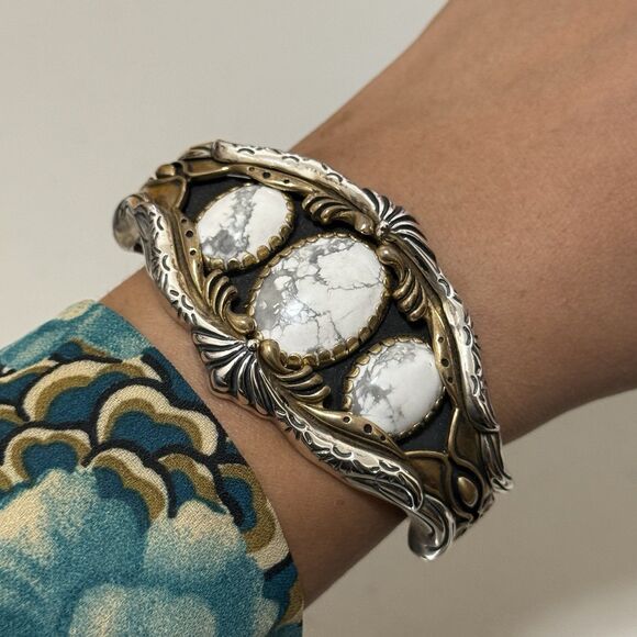 Carolyn Pollack American West 3 Stone Howlite Sterling Cuff Bracelet - Picture 1 of 8
